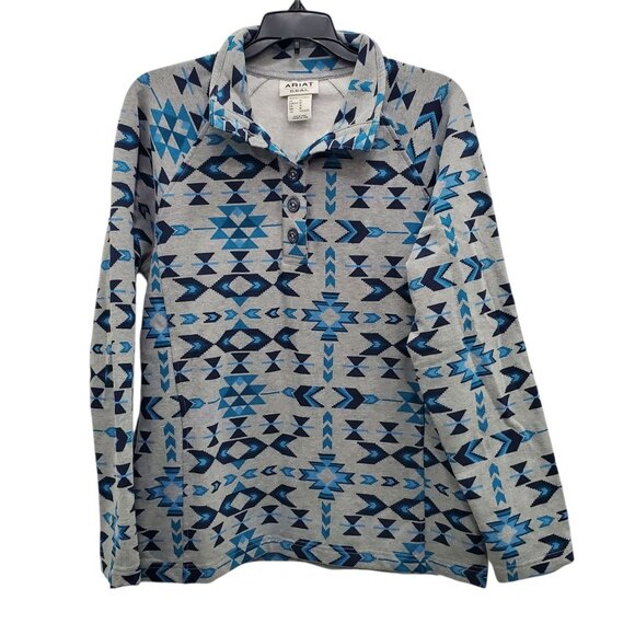 Ariat Sweaters - Ariat R.E.A.L Women's Gray Blue Southwestern Navajo‎ Soft 1/4 Button Pullover M